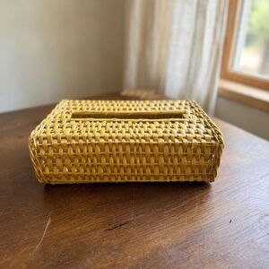 Vintage Mustard Wicker Tissue Box Cover Rectangular Woven Rattan Boho 1970s MCM